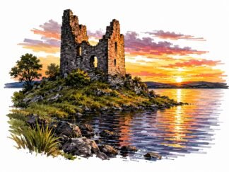 Original Sunset Cloughoughter Castle Ruin Lough Oughter Ireland Drawing