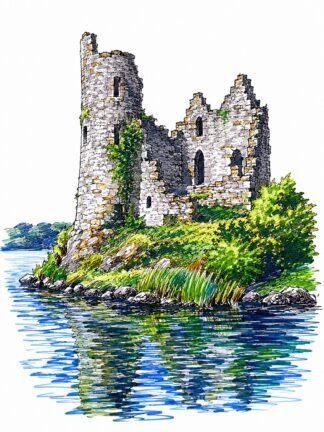 Original Cloughoughter Castle Ruin Lough Oughter Ireland Drawing