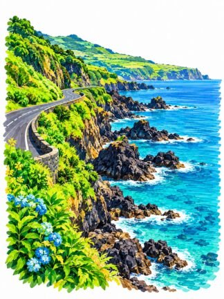 Original Coastal Road Farmland Rocky Shore Azores Drawing