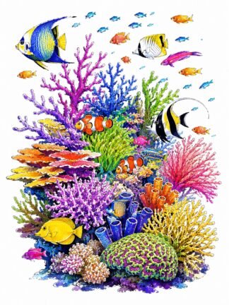 Original Colorful Coral Reef with Tropical Fish Drawing