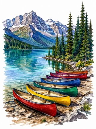 Original Colorful Canoes Maligne Lake Jasper National Park Canada Drawing