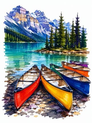 Original Colorful Canoes Maligne Lake Jasper National Park Canada Drawing