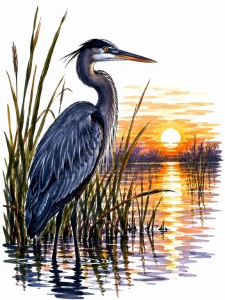 Original Dark Heron in Wetland Reeds at Sunrise Drawing