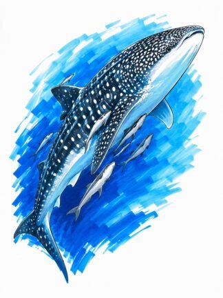 Original Dark-spotted Whale Shark Remoras Blue Ocean Drawing