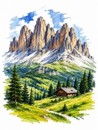 Original Dolomite Mountain Peaks Dolomites Italy Drawing
