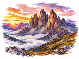 Original Sunset Dolomite Mountain Peaks Dolomites Italy Drawing