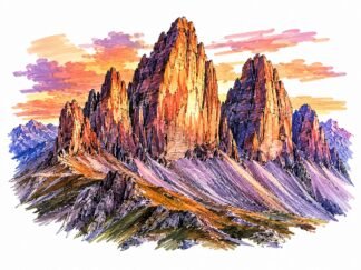 Original Sunset Dolomite Mountain Peaks Dolomites Italy Drawing
