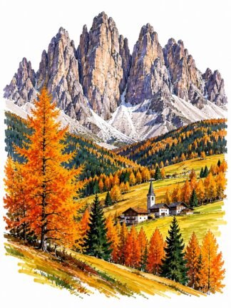 Original Autumn Dolomites Italy Drawing