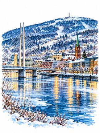 Original Winter Drammen Norway Drawing