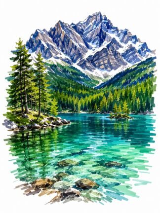 Original Eibsee Lake Zugspitze Mountain Bavaria Germany Drawing