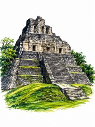Original El Castillo Mayan Temple Xunantunich Belize Drawing