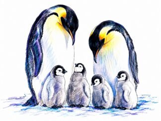Original Emperor Penguin Adult and Chicks Antarctica Drawing