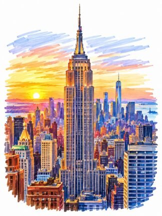 Original Sunrise Empire State Building Midtown New York USA Drawing