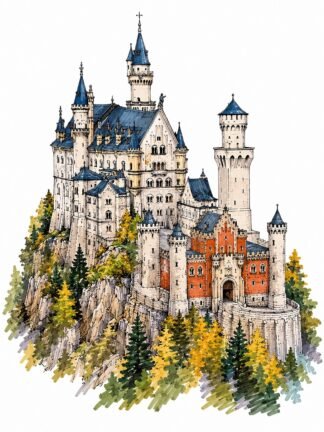 Original Fairytale Castle Neuschwanstein Germany Drawing