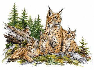 Original Family of Eurasian Lynx in the Bavarian Forest Germany Drawing