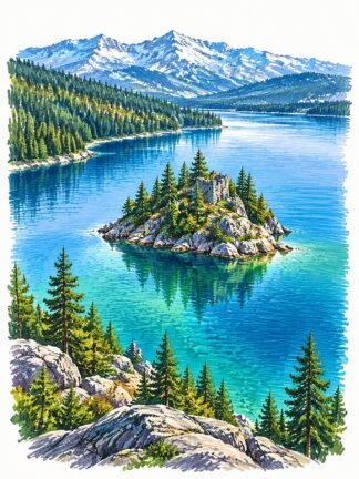 Original Fannette Island Emerald Bay Lake Tahoe USA Drawing