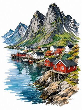 Original Lofoten Islands Norway Drawing