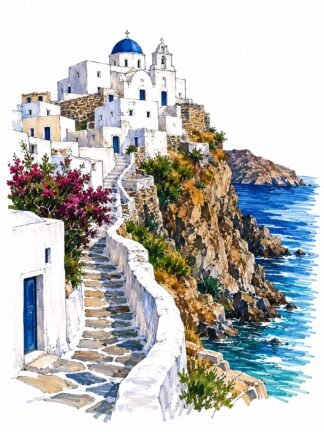 Original Folegandros Chora Village Greece Drawing