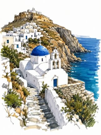 Original Folegandros Chora Village Greece Drawing
