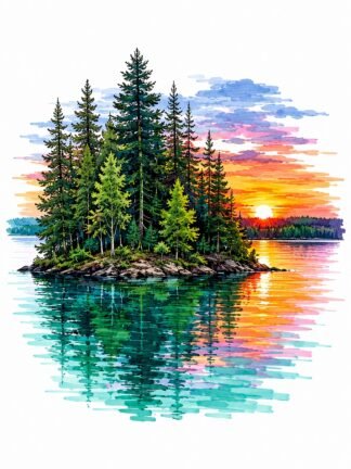 Original Sunset Forest Island Turquoise Lake Michigan USA Drawing