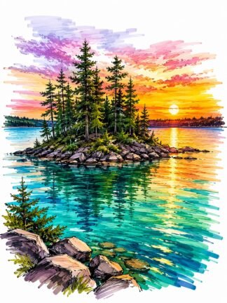 Original Sunset Forest Island Turquoise Lake Michigan USA Drawing