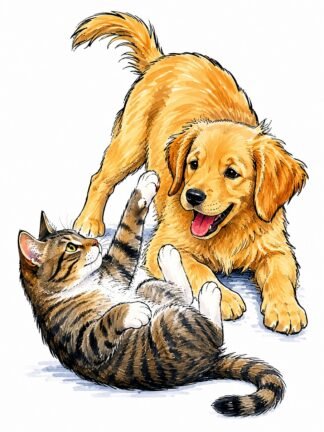 Original Cat Dog Playing Drawing