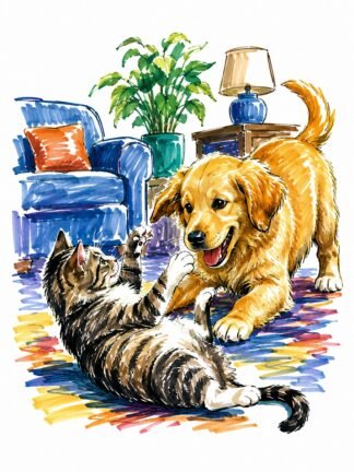 Original Cat Dog Playing Drawing