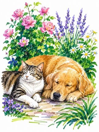 Original Cat Dog Garden Relax Drawing