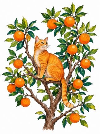 Original Cat on Orange Tree Drawing