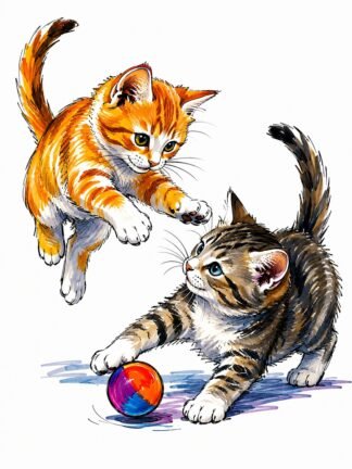 Original Cats Playing Drawing